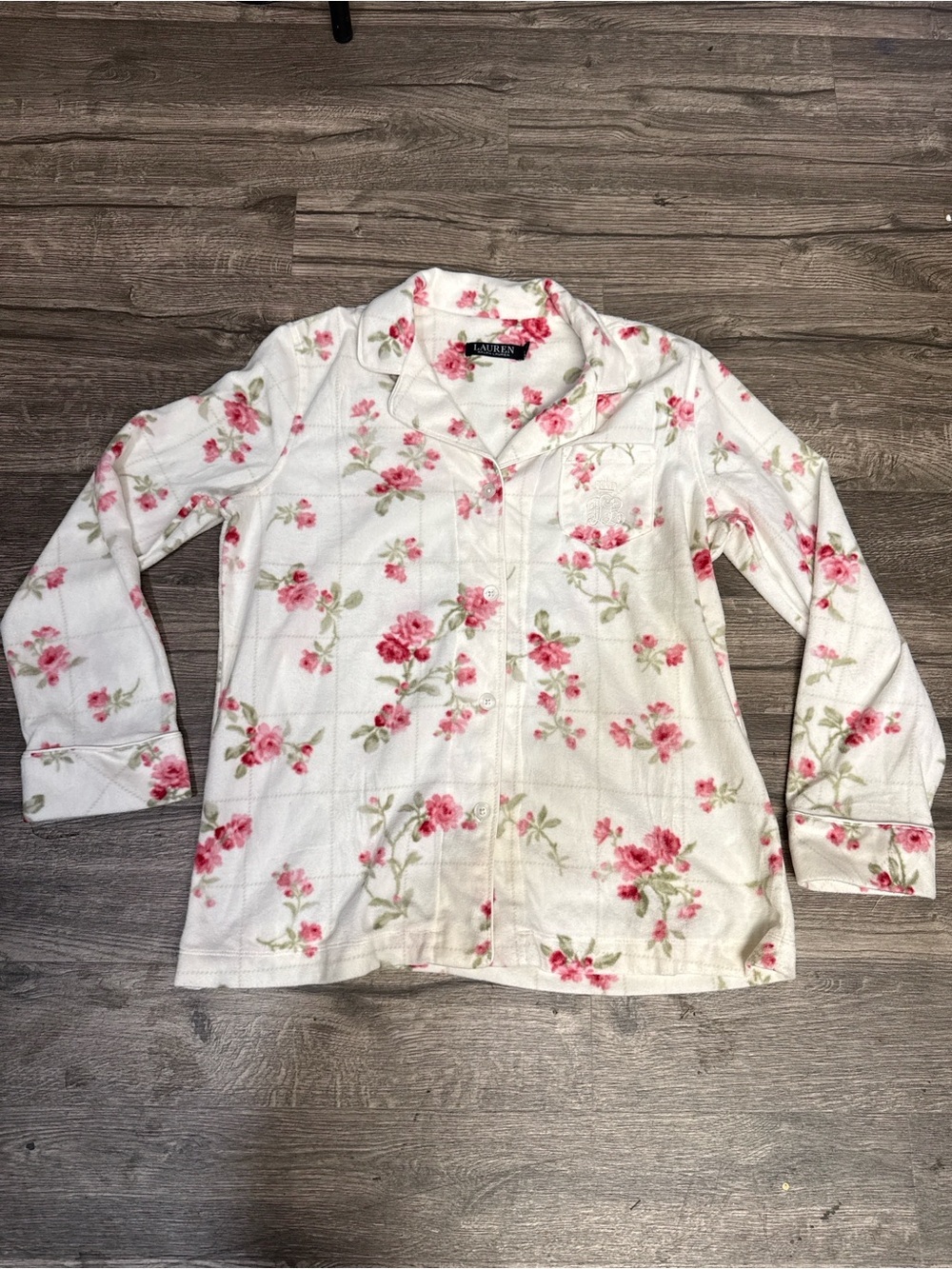 Lauren Ralph Lauren Cream Pajama Top with Pink Floral Print - Picture 2 of 10
